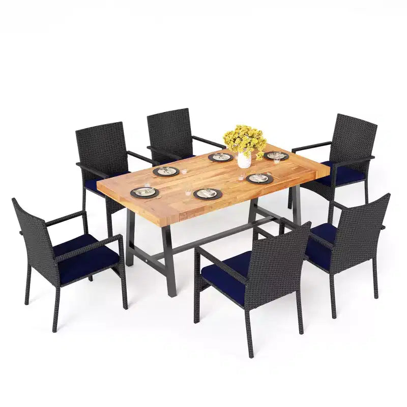 Captiva Designs Set da pranzo da 7 pezzi per patio con tavolo in legno di acacia con finitura a olio e sedie in rattan