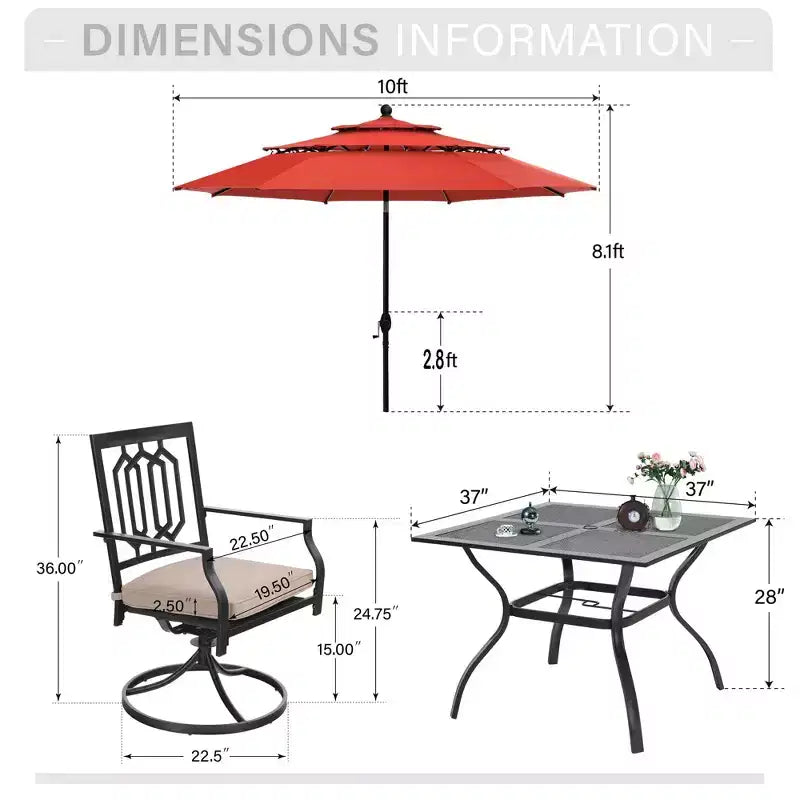 Captiva Designs Set da 6 Pezzi Tavolo da Pranzo da Esterno in Acciaio, Sedie Girevoli in Metallo e Ombrellone