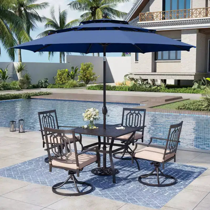 Captiva Designs Table de salle à manger d'extérieur 6 pièces en acier et chaises pivotantes en métal et parasol de marché