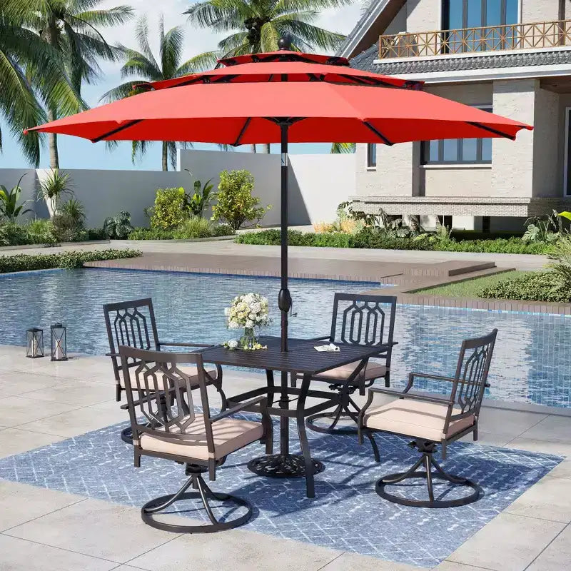 Captiva Designs Table de salle à manger d'extérieur 6 pièces en acier et chaises pivotantes en métal et parasol de marché