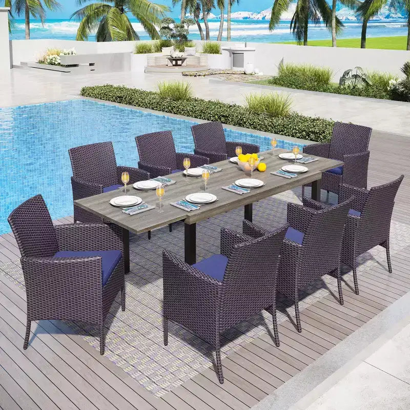 Captiva Designs Ensemble de 9 pièces pour salle à manger d'extérieur : table extensible en acier et chaises en rotin avec accoudoirs en croissant