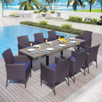 Captiva Designs Ensemble de 9 pièces pour salle à manger d'extérieur : table extensible en acier et chaises en rotin avec accoudoirs en croissant