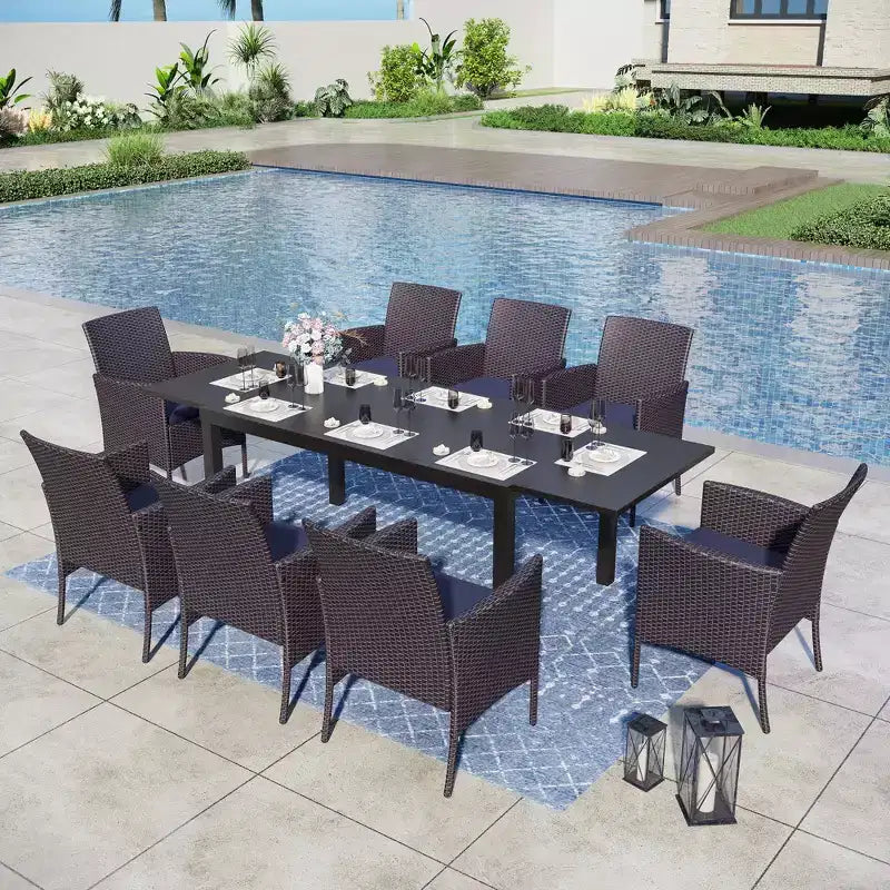 Captiva Designs Ensemble de 9 pièces pour salle à manger d'extérieur : table extensible en acier et chaises en rotin avec accoudoirs en croissant
