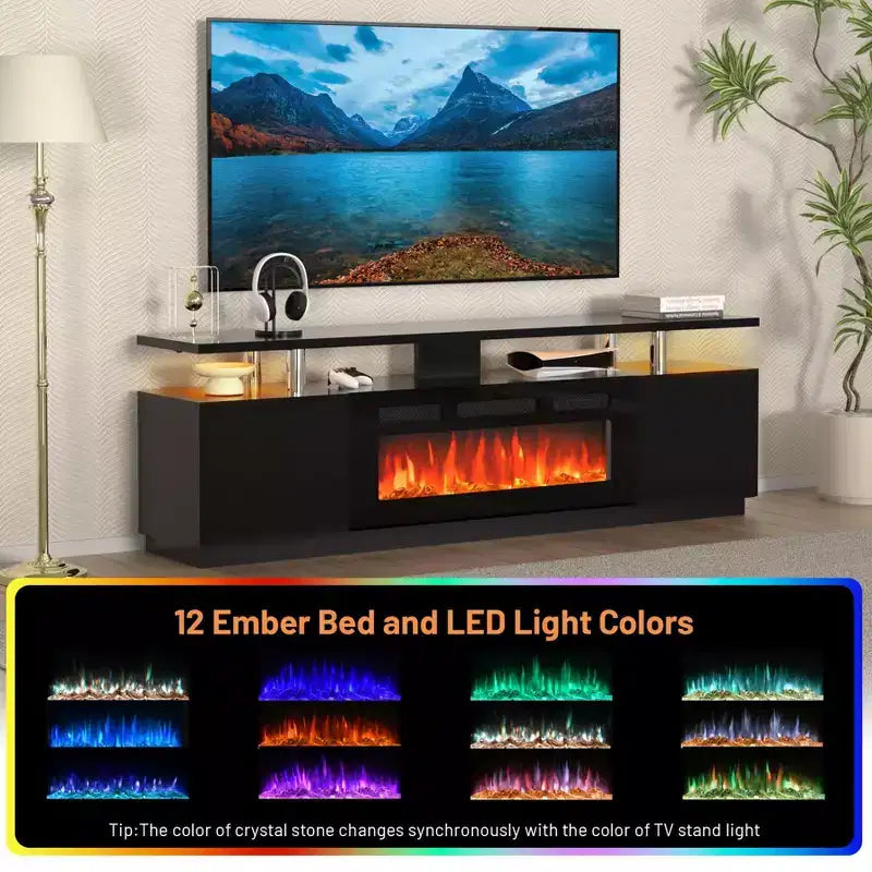 Meuble TV de cheminée de 178 cm pour téléviseurs jusqu'à 80 pouces avec cheminée électrique de 91 cm et télécommande, meuble de divertissement moderne, console TV en bois pour salon