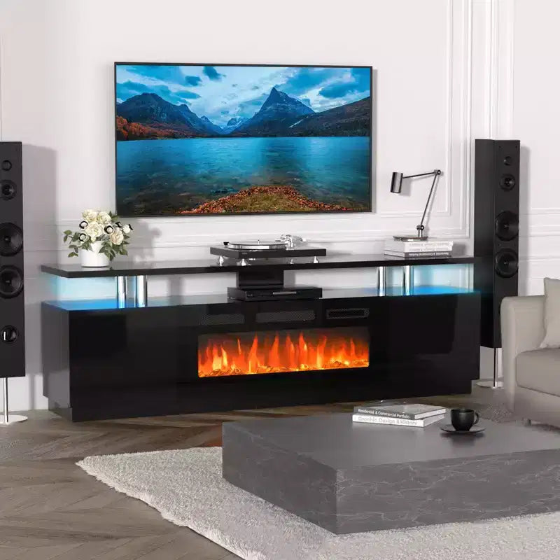 Meuble TV de cheminée de 178 cm pour téléviseurs jusqu'à 80 pouces avec cheminée électrique de 91 cm et télécommande, meuble de divertissement moderne, console TV en bois pour salon