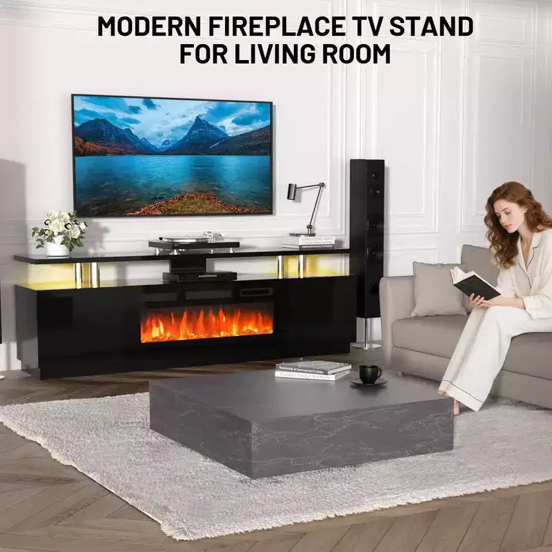 Meuble TV de cheminée de 178 cm pour téléviseurs jusqu'à 80 pouces avec cheminée électrique de 91 cm et télécommande, meuble de divertissement moderne, console TV en bois pour salon