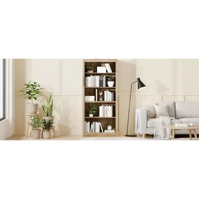 Bibliothèque de 71 po à 5 niveaux – Étagère à livres en chêne suédois, rangement ouvert pour salon et bureau