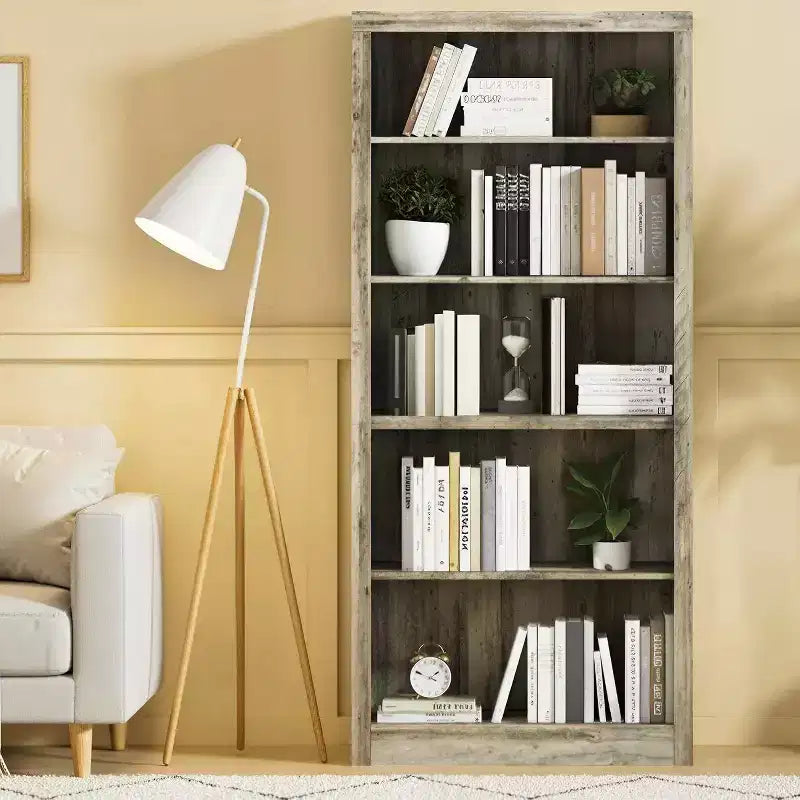 Bibliothèque de 71 po à 5 niveaux – Étagère à livres en chêne suédois, rangement ouvert pour salon et bureau