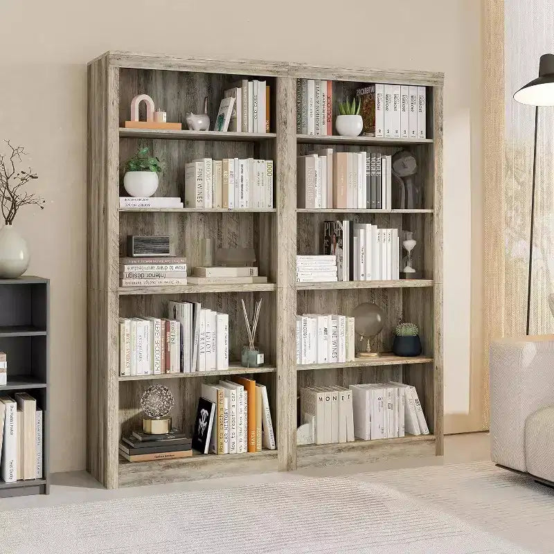 Bibliothèque de 71 po à 5 niveaux – Étagère à livres en chêne suédois, rangement ouvert pour salon et bureau