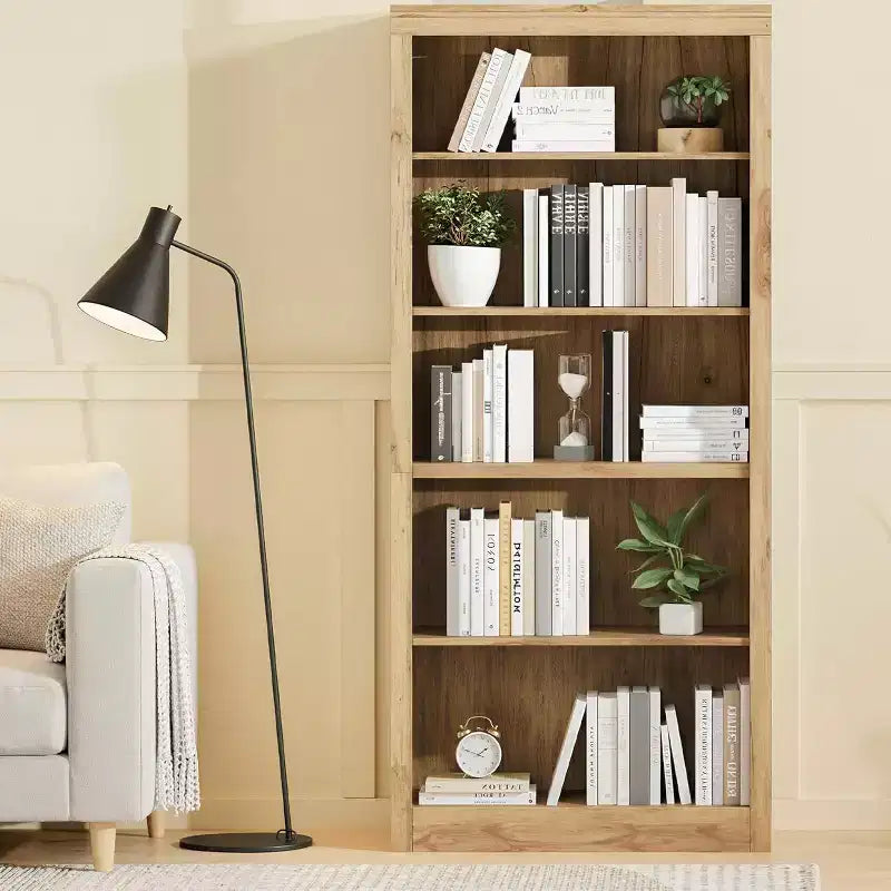 Bibliothèque de 71 po à 5 niveaux – Étagère à livres en chêne suédois, rangement ouvert pour salon et bureau