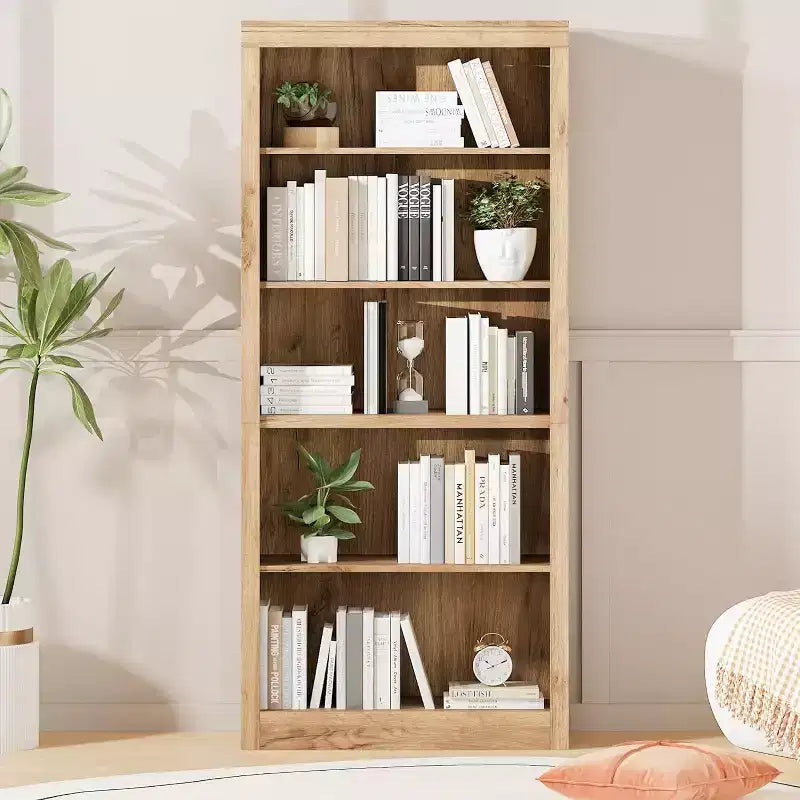 Bibliothèque de 71 po à 5 niveaux – Étagère à livres en chêne suédois, rangement ouvert pour salon et bureau