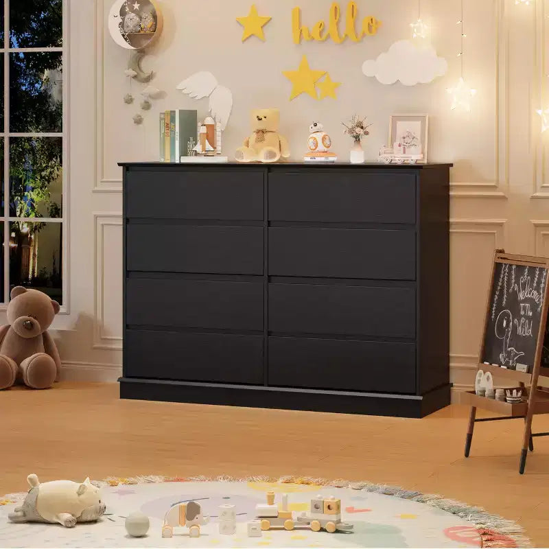 Cassettiera a 8 cassetti per camera da letto, Comò con cassetti profondi, Cassettiera doppia grande per armadio con piano ampio, Cassettiera orizzontale in legno