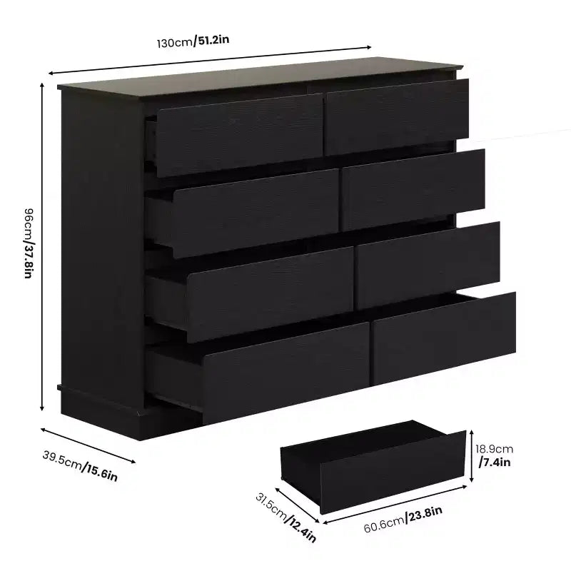 Cassettiera a 8 cassetti per camera da letto, Comò con cassetti profondi, Cassettiera doppia grande per armadio con piano ampio, Cassettiera orizzontale in legno