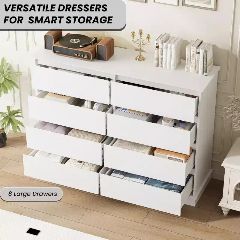 Cassettiera a 8 cassetti per camera da letto, Comò con cassetti profondi, Cassettiera doppia grande per armadio con piano ampio, Cassettiera orizzontale in legno
