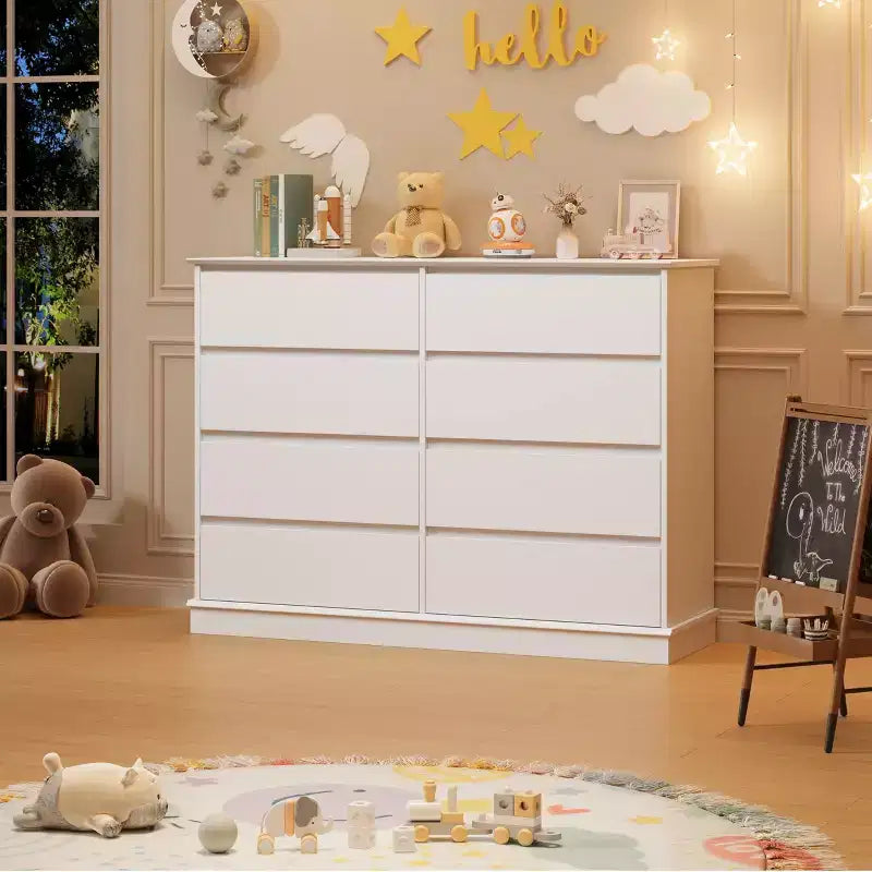 Cassettiera a 8 cassetti per camera da letto, Comò con cassetti profondi, Cassettiera doppia grande per armadio con piano ampio, Cassettiera orizzontale in legno