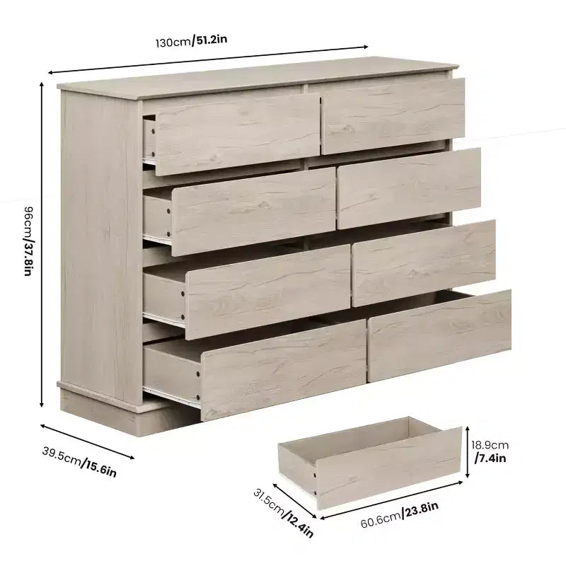 Cassettiera a 8 cassetti per camera da letto, Comò con cassetti profondi, Cassettiera doppia grande per armadio con piano ampio, Cassettiera orizzontale in legno