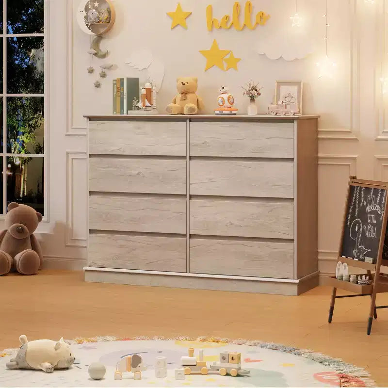 Cassettiera a 8 cassetti per camera da letto, Comò con cassetti profondi, Cassettiera doppia grande per armadio con piano ampio, Cassettiera orizzontale in legno