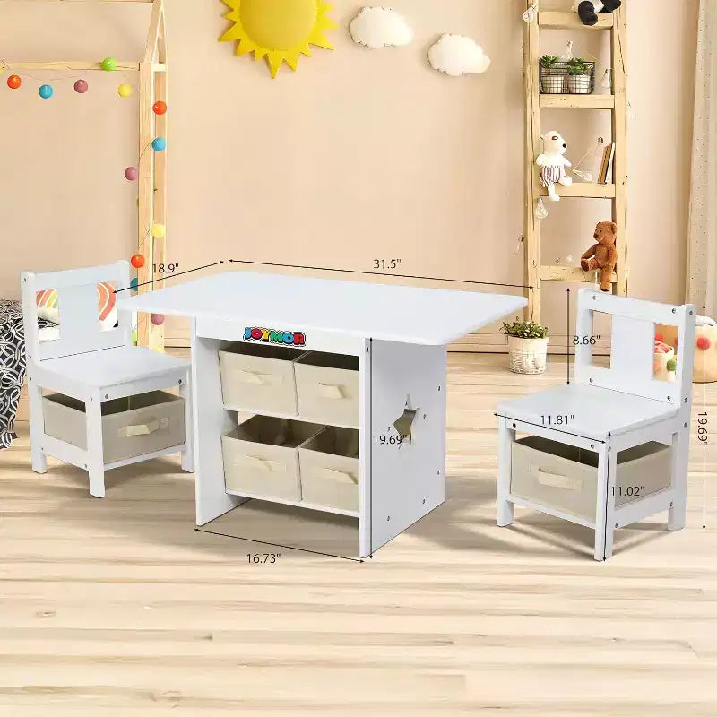 Set Tavolo e Sedie per Bambini JOYMOR con 6 Cassetti, Scrivania Attività per Bambini in Legno Massello per Arte e Studio, Età 3-8 Anni, Bianco