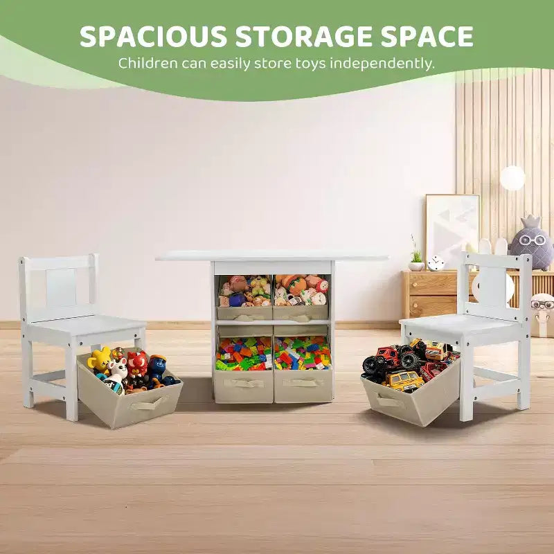 Set Tavolo e Sedie per Bambini JOYMOR con 6 Cassetti, Scrivania Attività per Bambini in Legno Massello per Arte e Studio, Età 3-8 Anni, Bianco