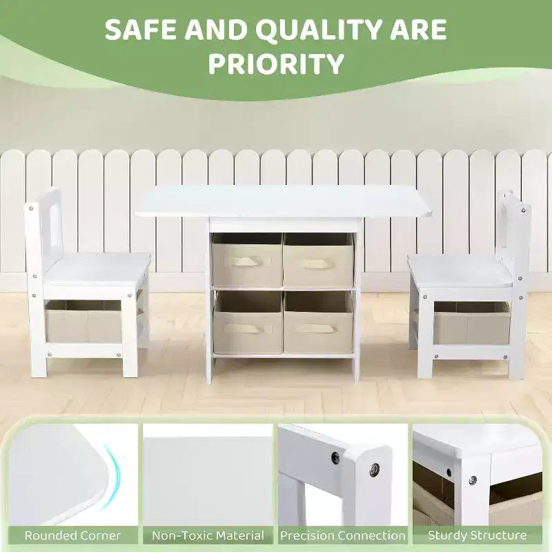 Set Tavolo e Sedie per Bambini JOYMOR con 6 Cassetti, Scrivania Attività per Bambini in Legno Massello per Arte e Studio, Età 3-8 Anni, Bianco