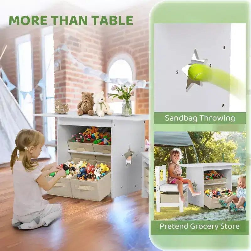Set Tavolo e Sedie per Bambini JOYMOR con 6 Cassetti, Scrivania Attività per Bambini in Legno Massello per Arte e Studio, Età 3-8 Anni, Bianco