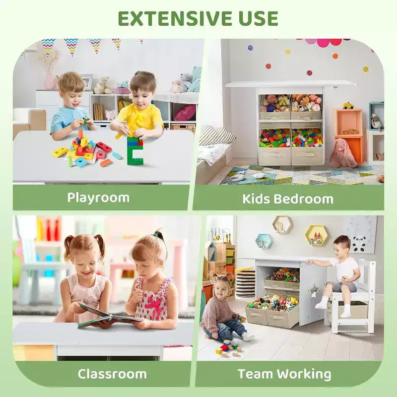 Set Tavolo e Sedie per Bambini JOYMOR con 6 Cassetti, Scrivania Attività per Bambini in Legno Massello per Arte e Studio, Età 3-8 Anni, Bianco