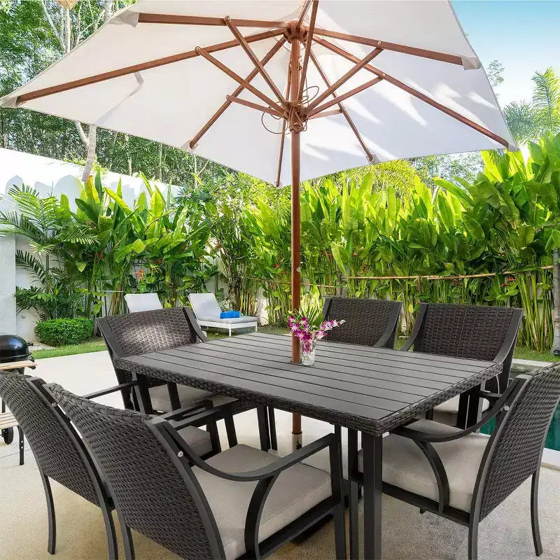 HAPPATIO Set da pranzo da esterno da 7 pezzi, set da pranzo da giardino. Mobili da pranzo da esterno in vimini e rattan. Set di mobili da pranzo. Set da pranzo da esterno per 6 persone.