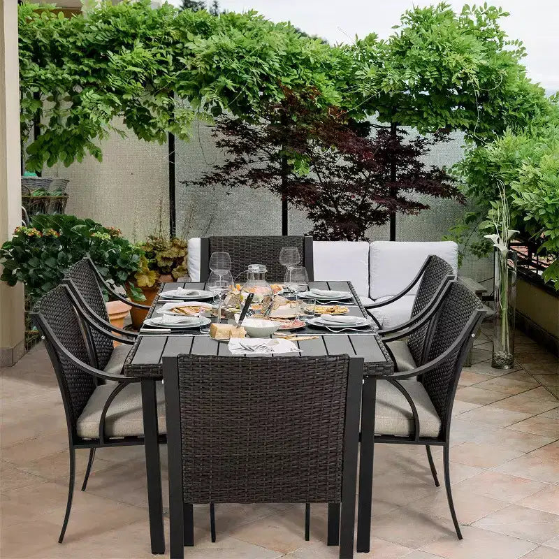 HAPPATIO Set da pranzo da esterno da 7 pezzi, set da pranzo da giardino. Mobili da pranzo da esterno in vimini e rattan. Set di mobili da pranzo. Set da pranzo da esterno per 6 persone.
