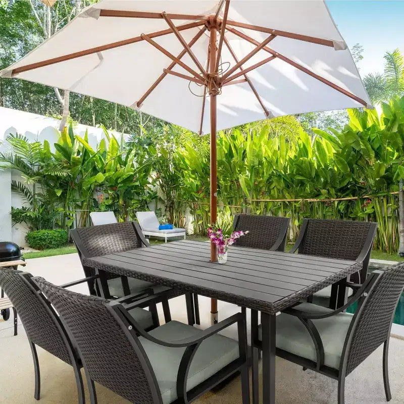 HAPPATIO Set da pranzo da esterno da 7 pezzi, set da pranzo da giardino. Mobili da pranzo da esterno in vimini e rattan. Set di mobili da pranzo. Set da pranzo da esterno per 6 persone.