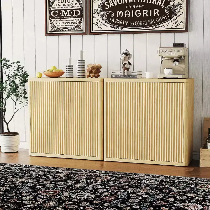 2-Tier Buffet Cabinet with Double Fluted Doors, Modern Sideboard with Adjustable Shelves for Space-Saving Dining Room Storage, Natural