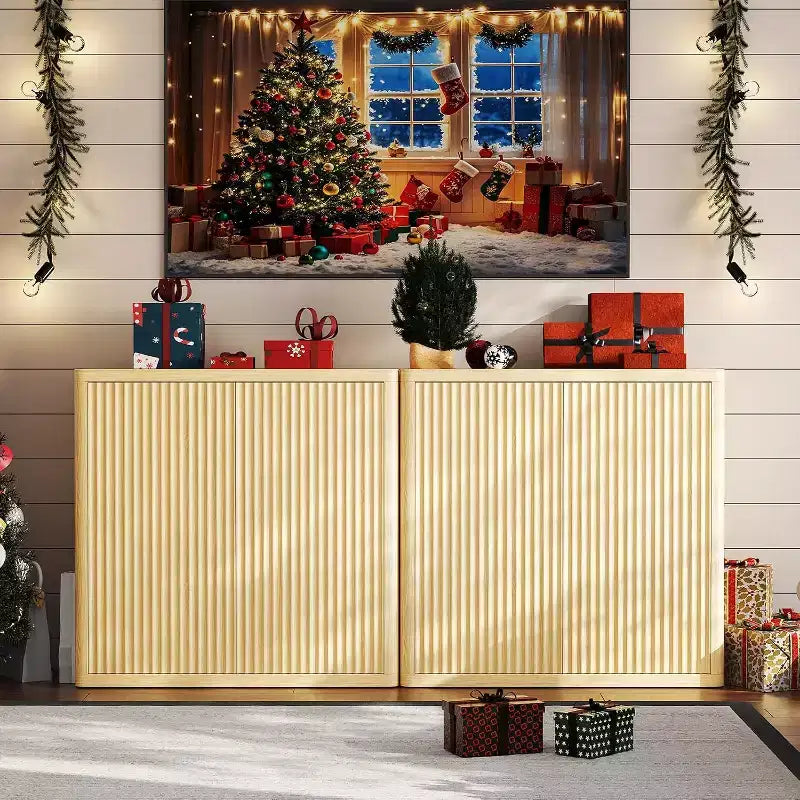 Buffet 2 niveaux avec portes doubles cannelées, Bahut moderne avec étagères réglables pour un rangement gain de place dans la salle à manger, Naturel