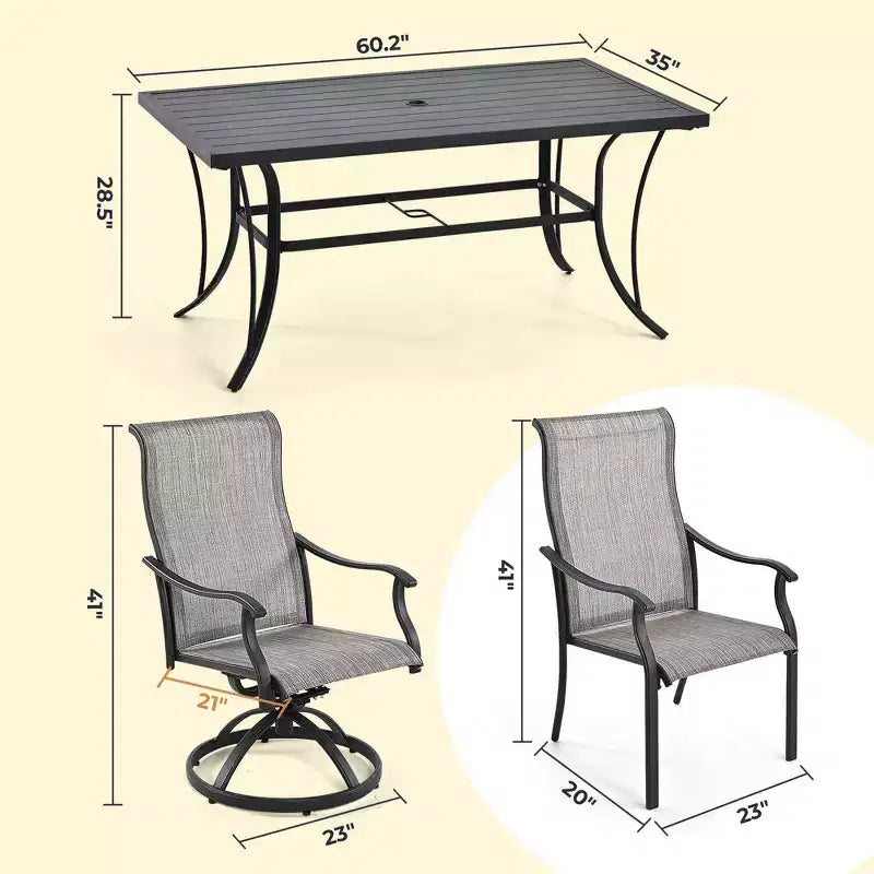 HAPPATIO Set da pranzo da 7 pezzi per patio, Set da pranzo per esterni, 2 sedie da pranzo girevoli, 4 sedie da pranzo con gambe, Set di mobili in textilene per patio, cortile, piscina