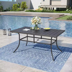 Captiva Designs - Table à manger rectangulaire en acier, 8 places, avec plateau à lattes, chaises en acier noir et parasol beige