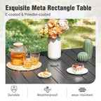 Captiva Designs - Table à manger rectangulaire en acier, 8 places, avec plateau à lattes, chaises en acier noir et parasol beige