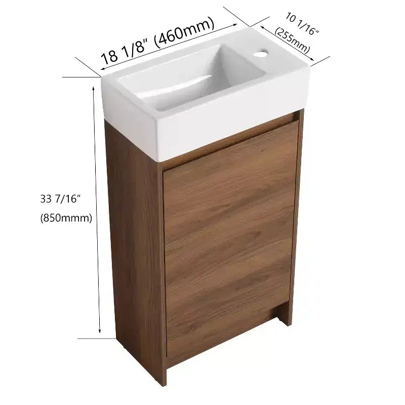 Meuble-lavabo de salle de bain 18 pouces avec lavabo simple, armoire de rangement autoportante avec lavabo en céramique, portes à fermeture douce et étagère réglable