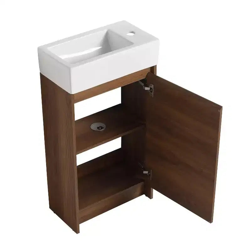 Meuble-lavabo de salle de bain 18 pouces avec lavabo simple, armoire de rangement autoportante avec lavabo en céramique, portes à fermeture douce et étagère réglable