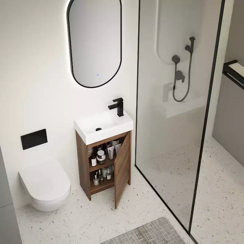 Meuble-lavabo de salle de bain 18 pouces avec lavabo simple, armoire de rangement autoportante avec lavabo en céramique, portes à fermeture douce et étagère réglable
