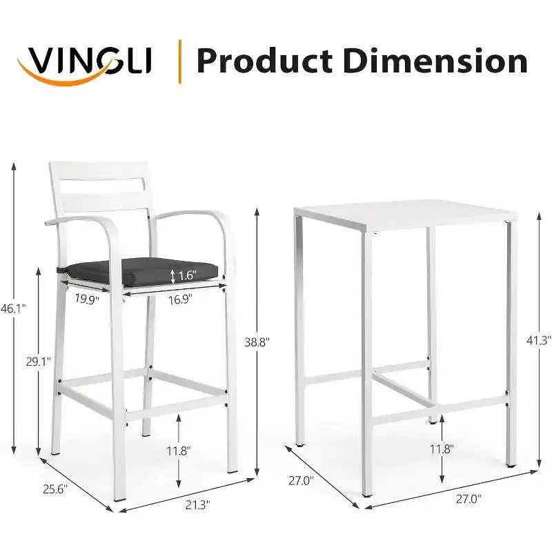 Set da bar VINGLI da 3 pezzi per esterni, tavolo alto da bar in alluminio e 2 sedie con cuscini, mobili da patio ad altezza bancone per cortile, piscina, giardino