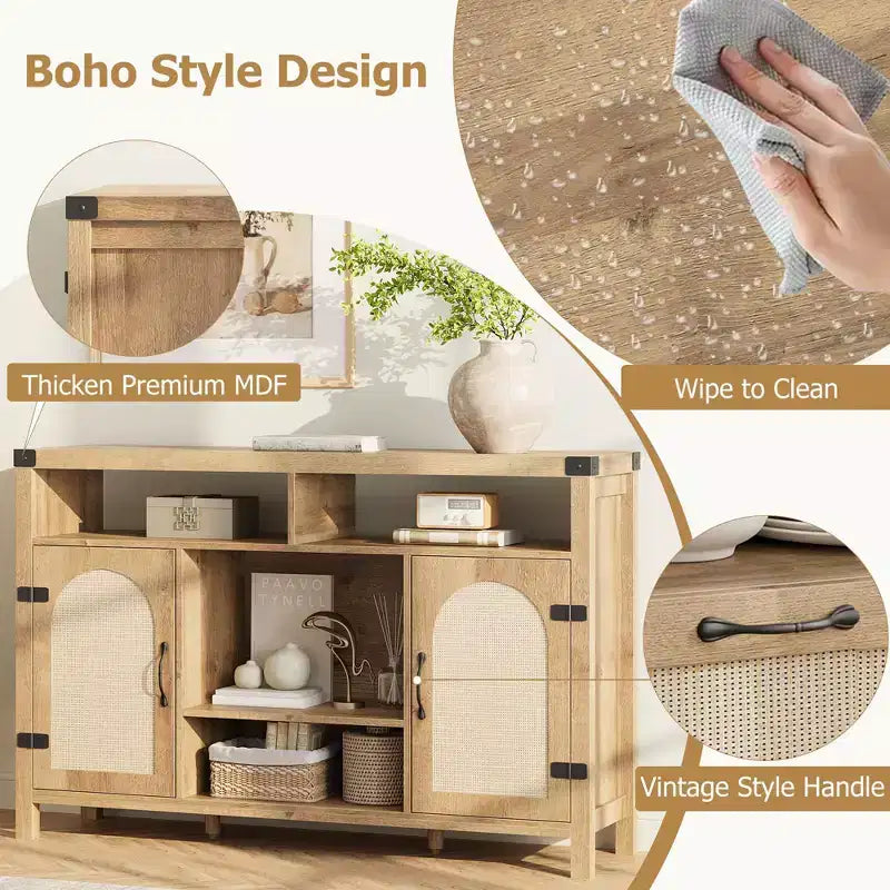 COZONY Meuble de bar de ferme avec portes en rotin, console de rangement à étagères réglables pour salon, salle à manger, cuisine