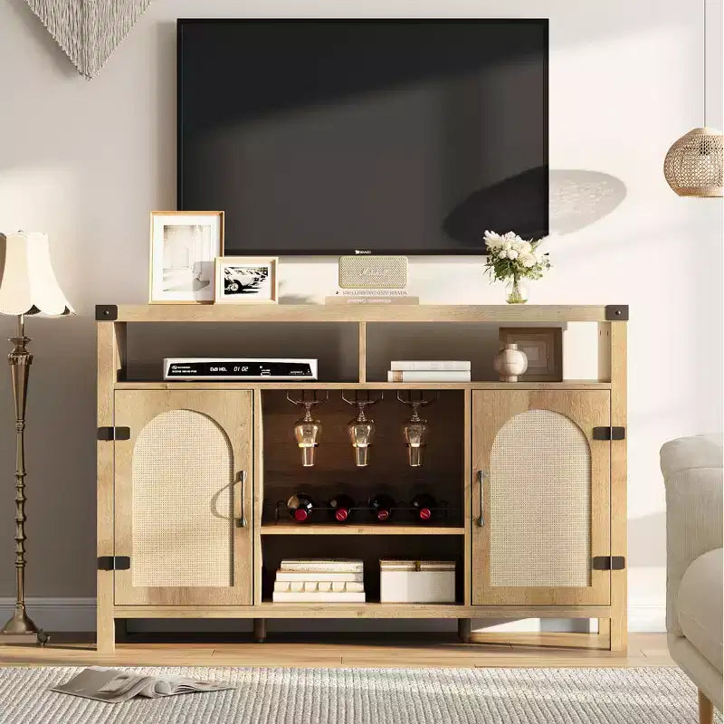 COZONY Meuble de bar de ferme avec portes en rotin, console de rangement à étagères réglables pour salon, salle à manger, cuisine