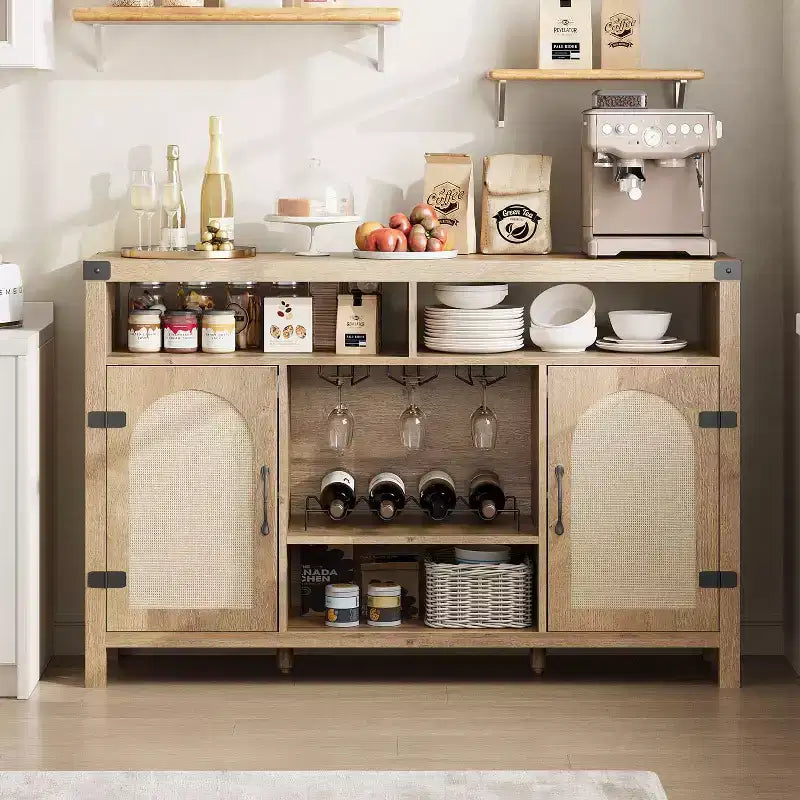 COZONY Meuble de bar de ferme avec portes en rotin, console de rangement à étagères réglables pour salon, salle à manger, cuisine