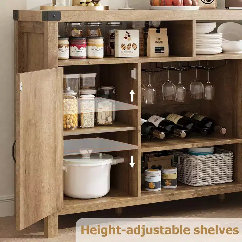 COZONY Meuble de bar de ferme avec portes en rotin, console de rangement à étagères réglables pour salon, salle à manger, cuisine