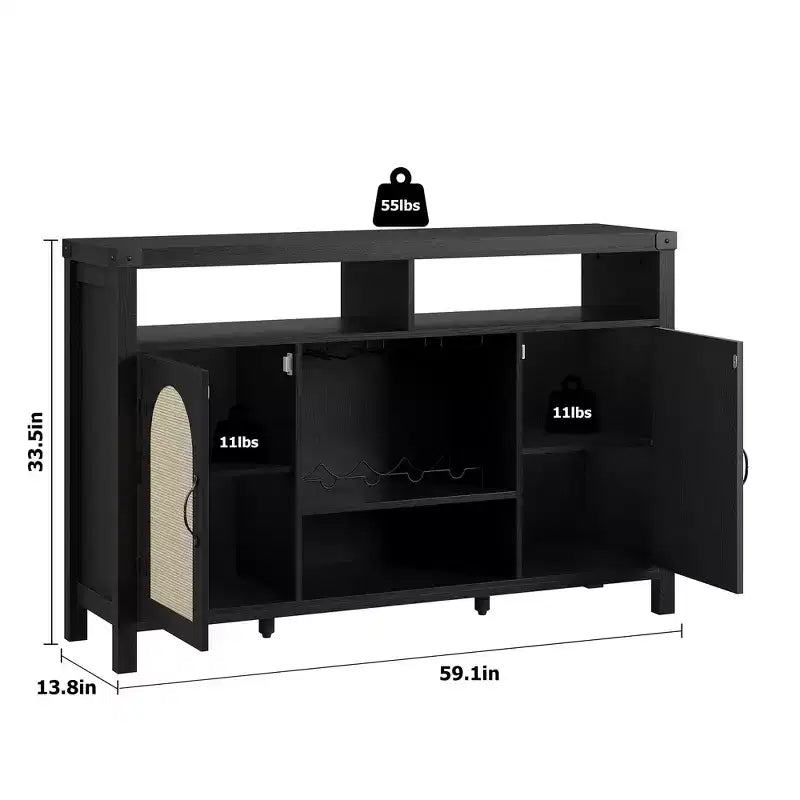 COZONY Meuble de bar de ferme avec portes en rotin, console de rangement à étagères réglables pour salon, salle à manger, cuisine