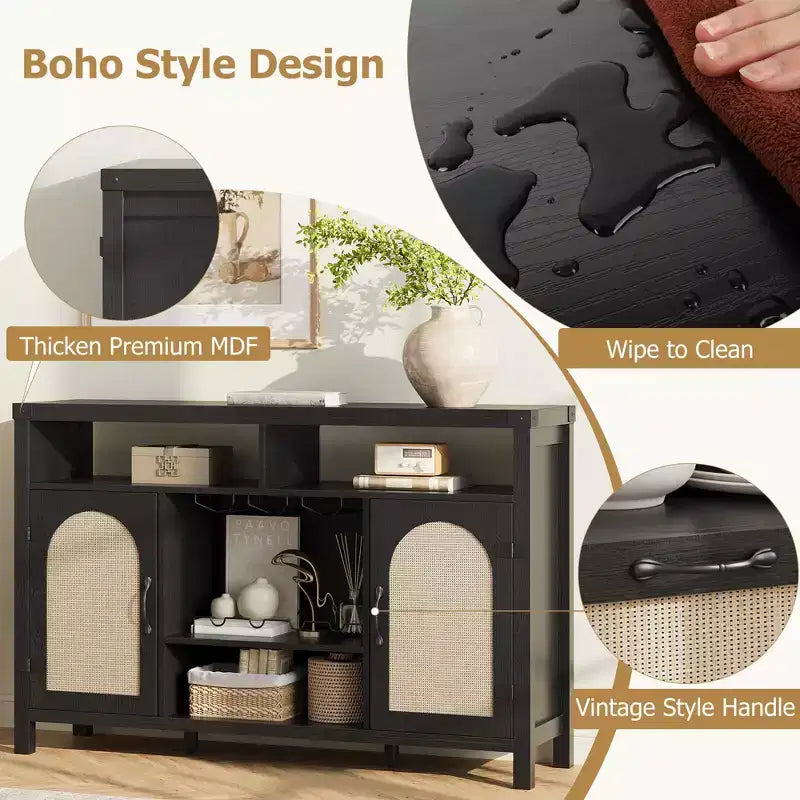 COZONY Meuble de bar de ferme avec portes en rotin, console de rangement à étagères réglables pour salon, salle à manger, cuisine