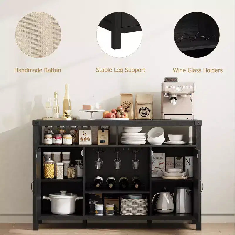 COZONY Meuble de bar de ferme avec portes en rotin, console de rangement à étagères réglables pour salon, salle à manger, cuisine