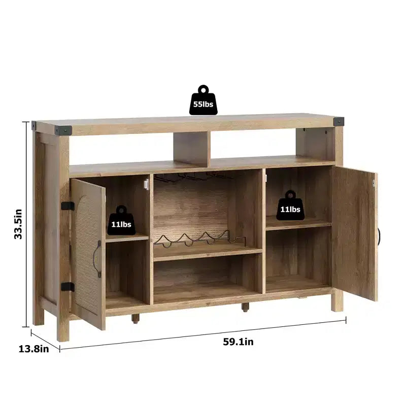 COZONY Meuble de bar de ferme avec portes en rotin, console de rangement à étagères réglables pour salon, salle à manger, cuisine