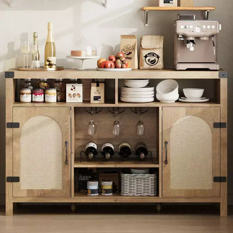COZONY Meuble de bar de ferme avec portes en rotin, console de rangement à étagères réglables pour salon, salle à manger, cuisine
