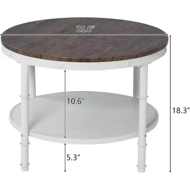 VINGLI 25,6" Noce Scuro Tavolino da Caffè Rotondo Bianco in Stile Rustico, Tavolino da Salotto Rotondo a 2 Livelli con Ripiano per il Soggiorno