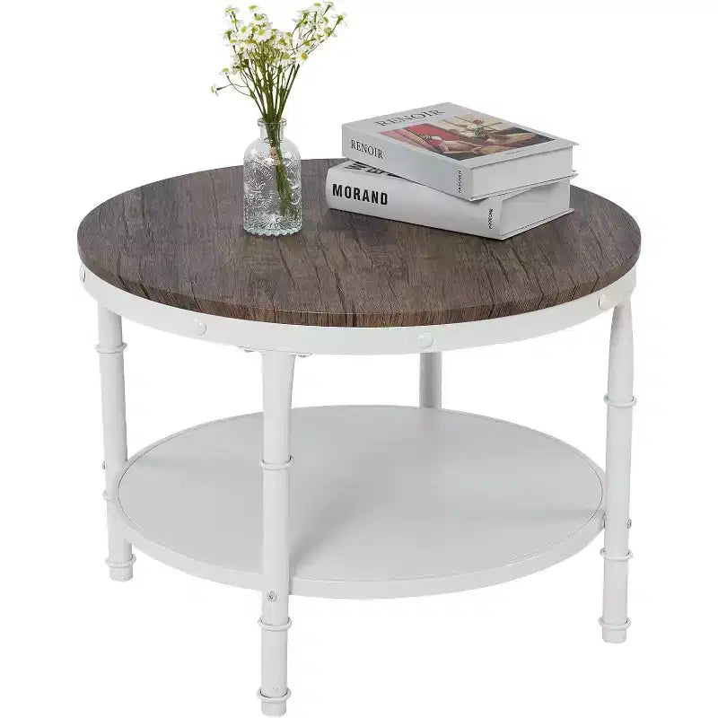 VINGLI 25,6" Noce Scuro Tavolino da Caffè Rotondo Bianco in Stile Rustico, Tavolino da Salotto Rotondo a 2 Livelli con Ripiano per il Soggiorno