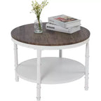 VINGLI 25,6" Noce Scuro Tavolino da Caffè Rotondo Bianco in Stile Rustico, Tavolino da Salotto Rotondo a 2 Livelli con Ripiano per il Soggiorno